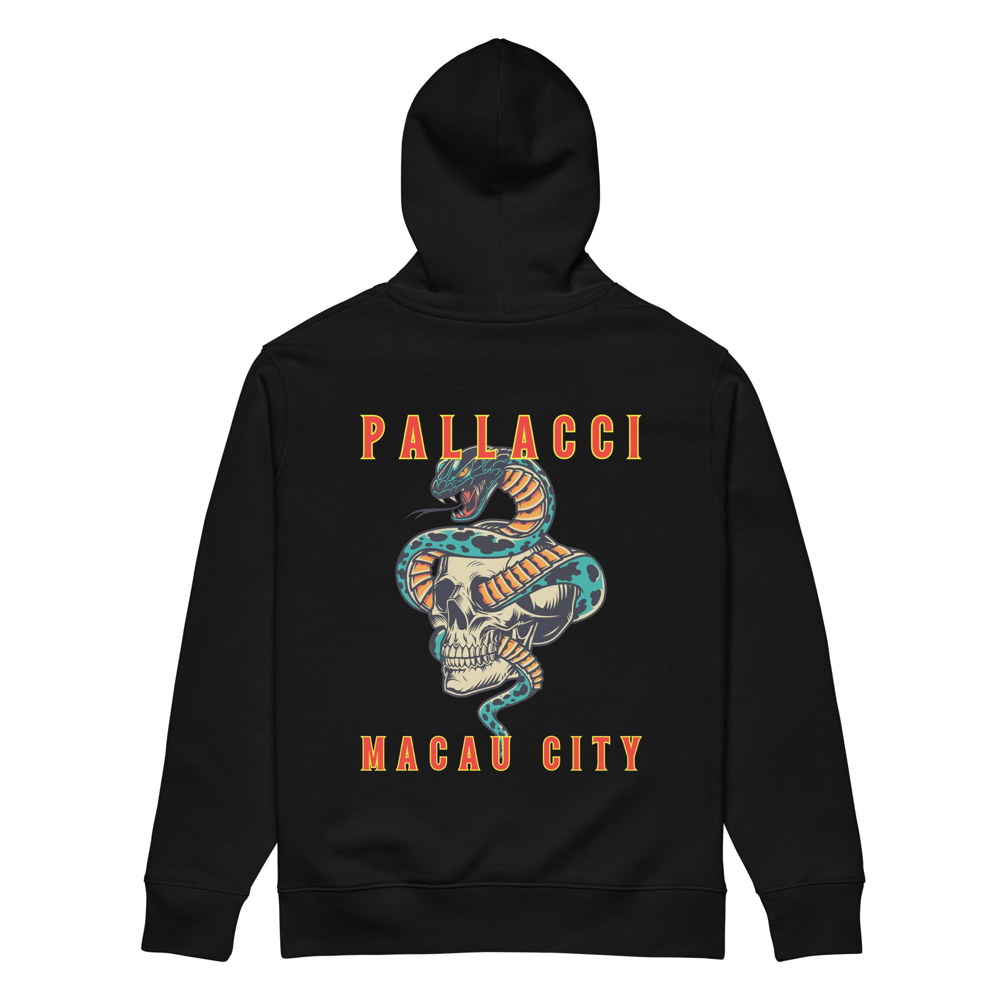 MACAU CITY YEAR OF THE SNAKE PRINTED HOODED SWEATSHIRT unisex-essential-eco-hoodie-black-back-67c0e4046fc76